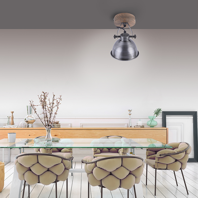 Industriële plafondlamp grijs met hout - Samia Industriële plafondlamp grijs met hout - Samia