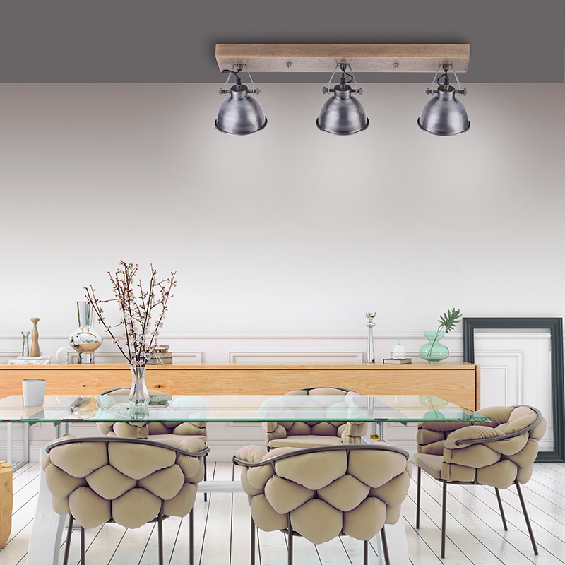 Industriële plafondlamp staal met hout 3-lichts - Samia Industriële plafondlamp staal met hout 3-lichts - Samia