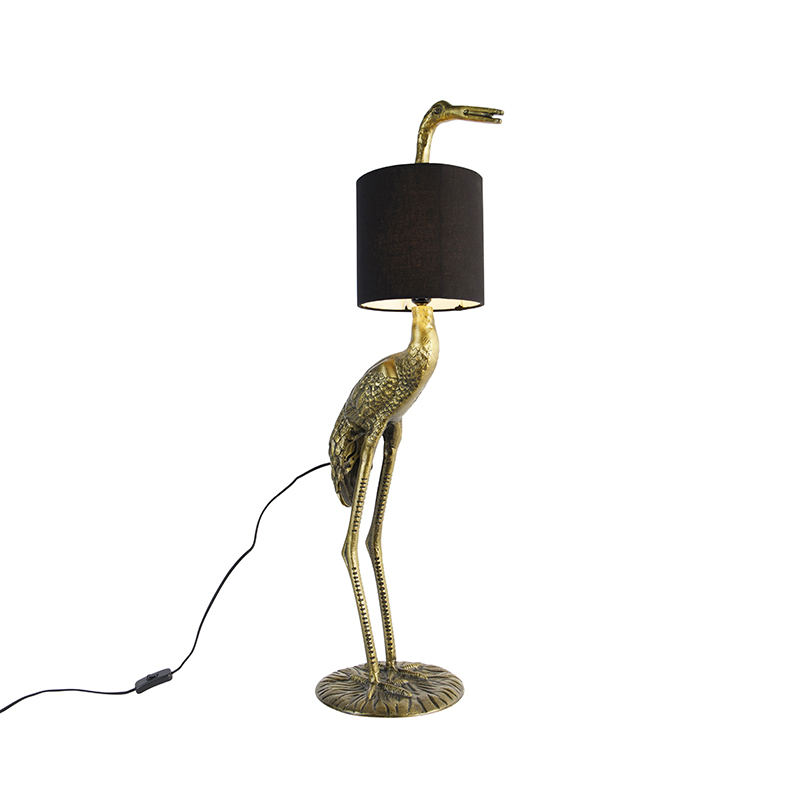 Vintage stojaca lampa z mosadze, tienidlo čierne - Crane bird To