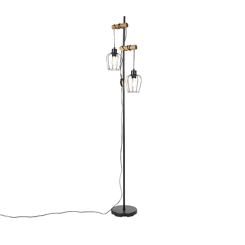 Rustikálna stojaca lampa čierna s drevom 2-svetlo - Stronk