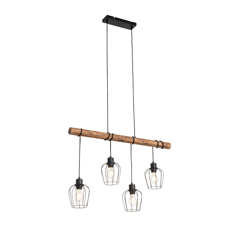 Landelijke hanglamp zwart met hout 4-lichts - Stronk