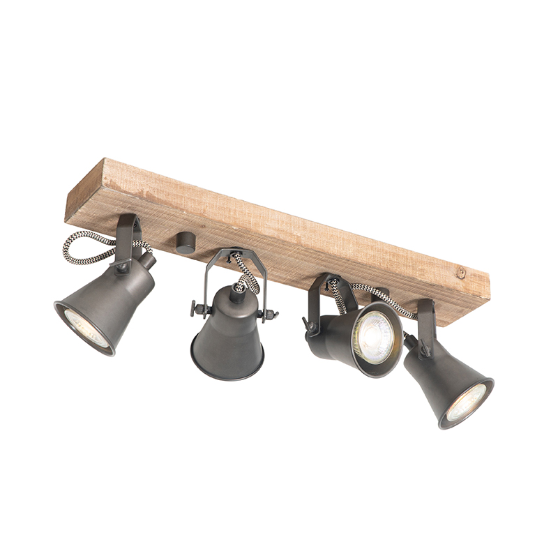 Rustikálne bodové svetlo čierne s drevom 4-žiarovkové nastaviteľné - Jelle