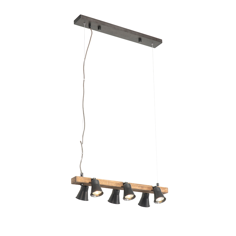 Landelijke hanglamp zwart met hout 6-lichts - Jelle