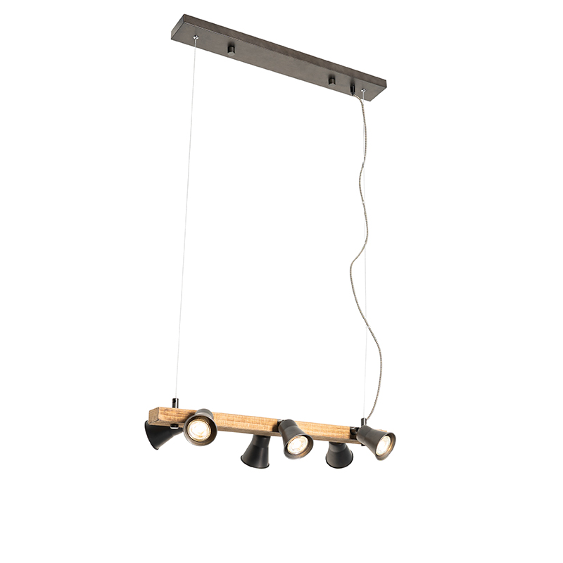 Vidiecka závesná lampa čierna s drevom 6 svetiel - Jelle