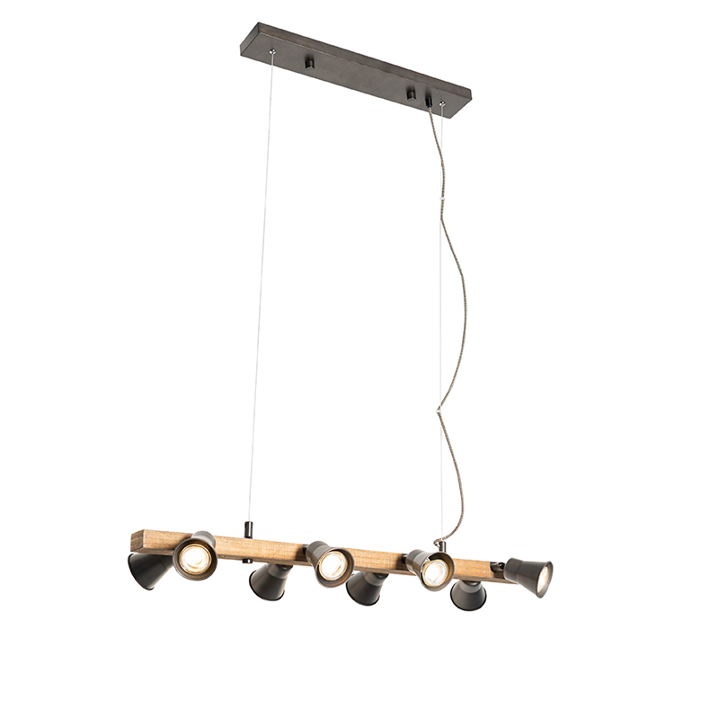 Vidiecka závesná lampa čierna s drevom 8 svetiel - Jelle
