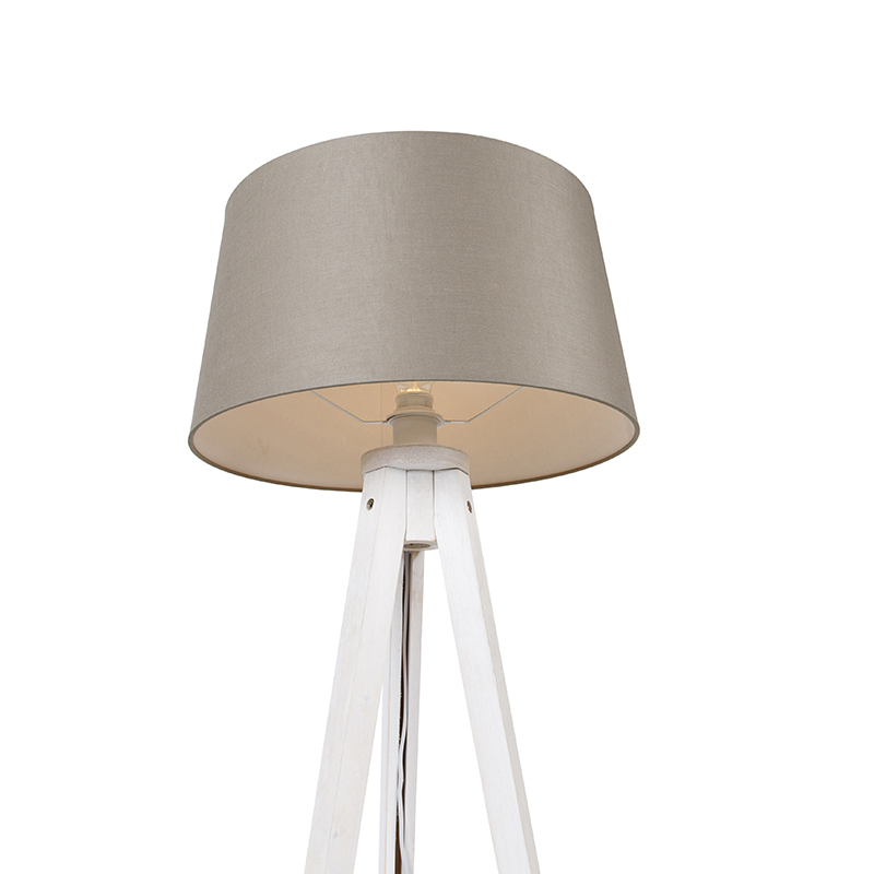 Treppiede moderno bianco con paralume in lino color tortora 45 cm - Tripod Classic