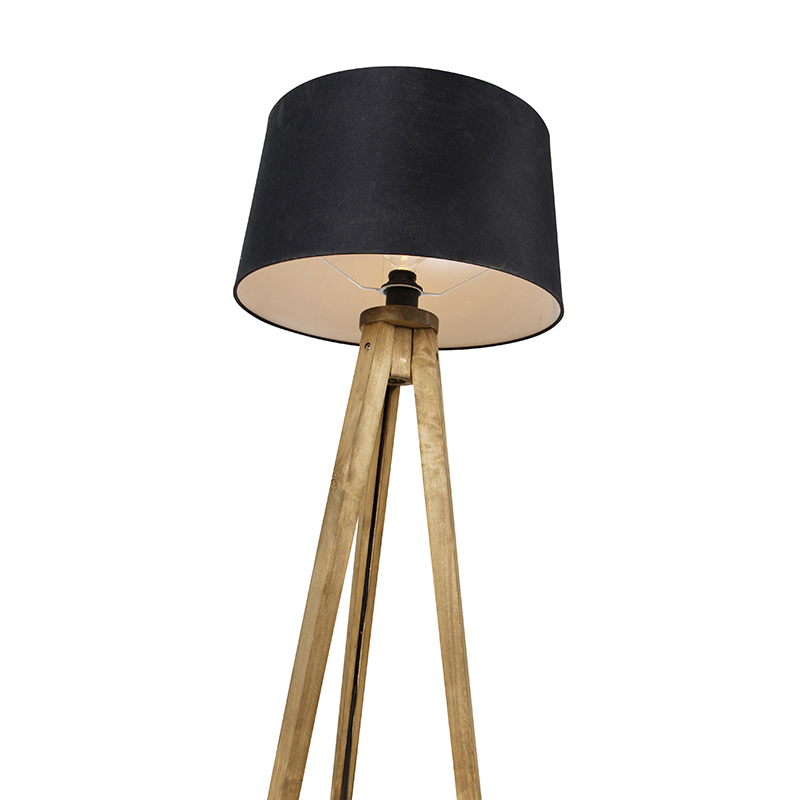 Lampada da terra vintage a treppiede rustico in legno con paralume in lino nero 45 cm - Tripod Classic