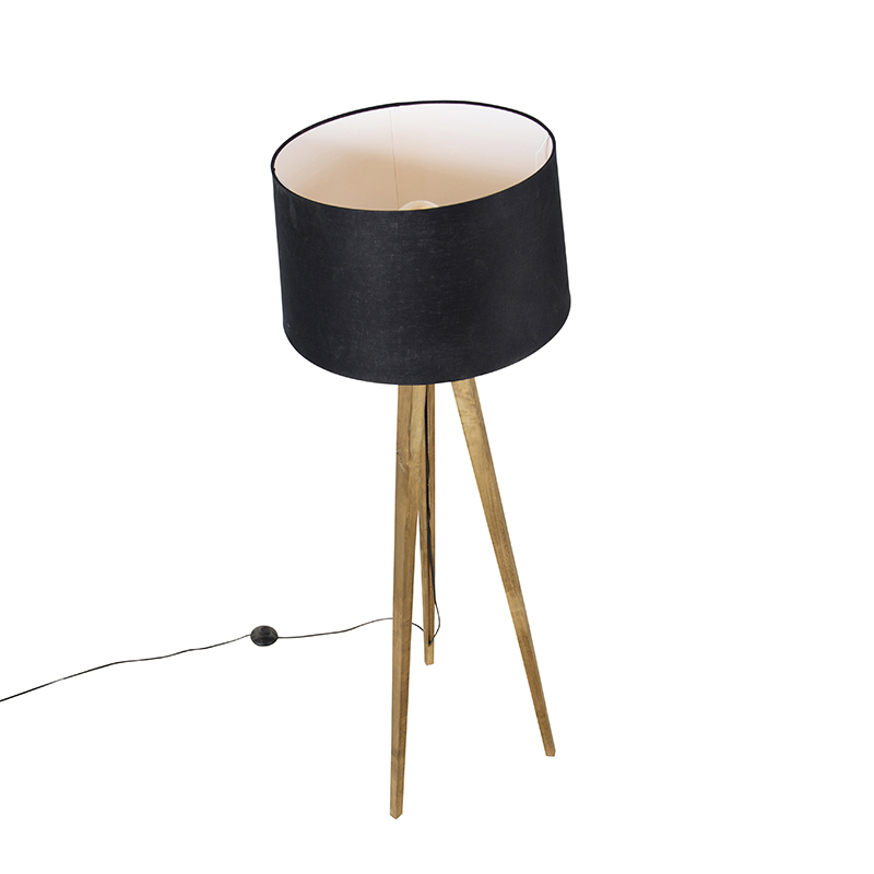 Lampada da terra vintage a treppiede rustico in legno con paralume in lino nero 45 cm - Tripod Classic