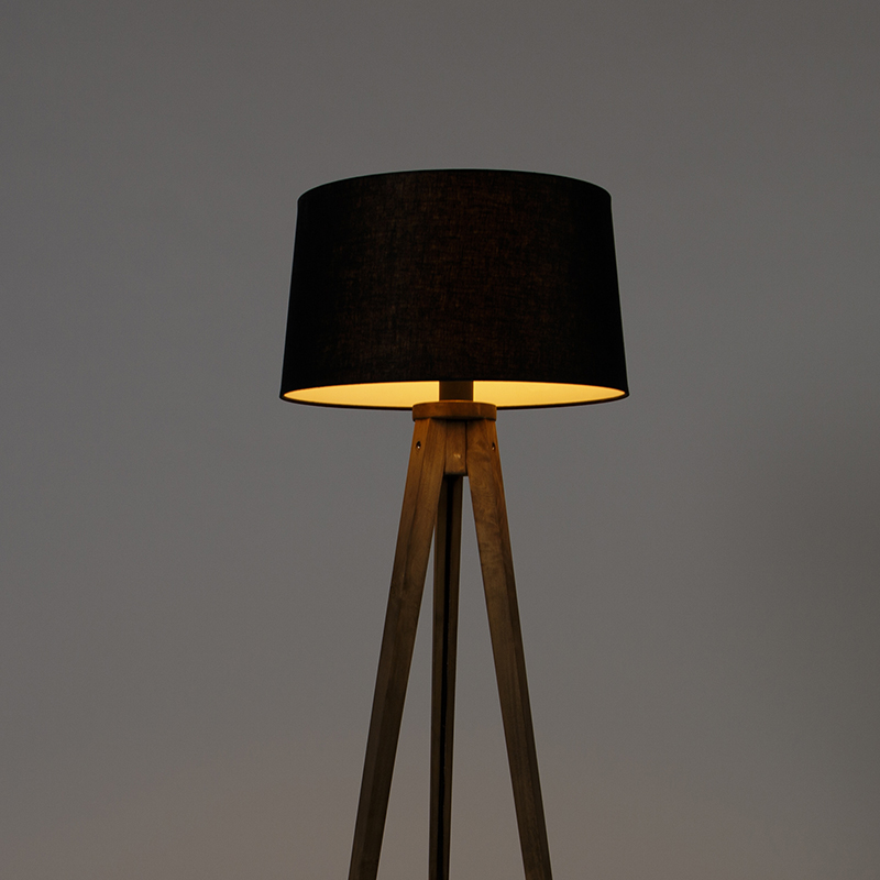 Lampada da terra vintage a treppiede rustico in legno con paralume in lino nero 45 cm - Tripod Classic