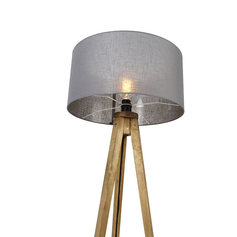 Lampada da terra a treppiede rustica in legno vintage con paralume grigio scuro 50 cm - Tripod Classic