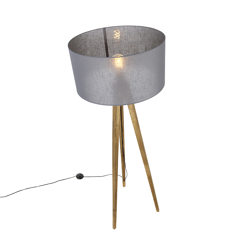 Lampada da terra a treppiede rustica in legno vintage con paralume grigio scuro 50 cm - Tripod Classic