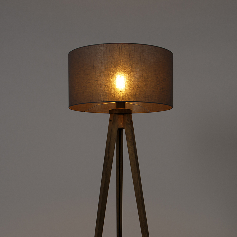 Lampada da terra a treppiede rustica in legno vintage con paralume grigio scuro 50 cm - Tripod Classic