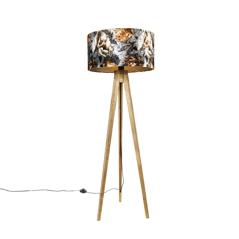 Image of Lampada da terra vintage legno paralume disegno fiore 50 cm - TRIPOD CLASSIC