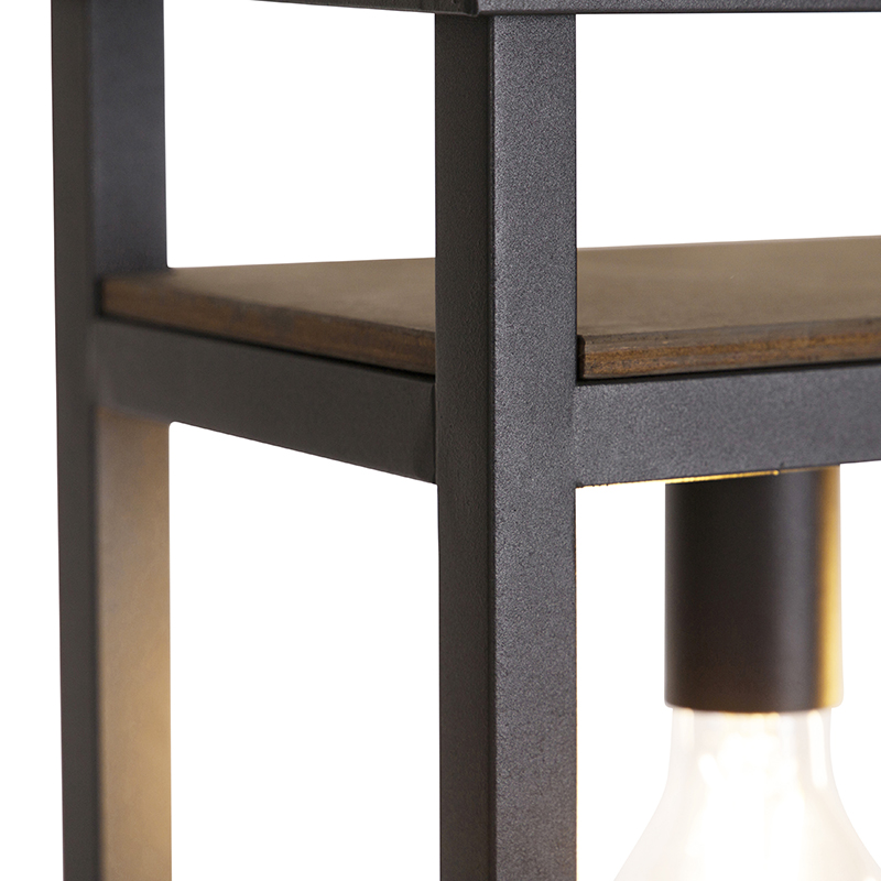 QAZQA Lampada A Sospensione Tavolo Soggiorno Cage Rack - Industriale - Acciaio,Legno - Marrone/Nero - Oblungo Max. 4 X Watt 13 Lampada a sospensione industriale nera con legno e cremagliera 4 luci - Cage Rack