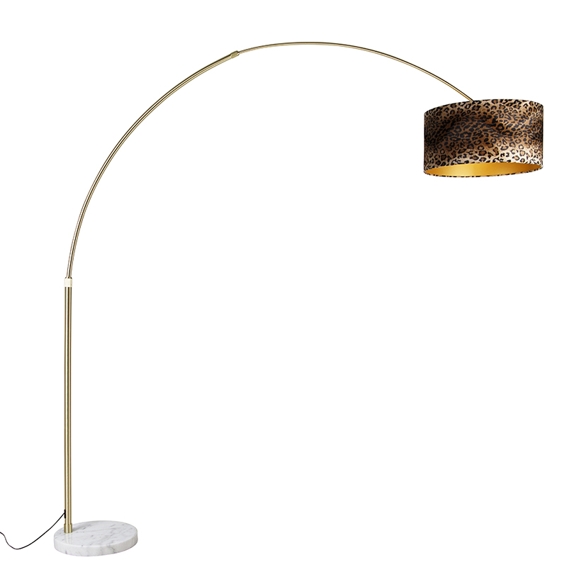 Oblúková lampa mosadzná s bielym textilným tienidlom Leopard 50 cm - XXL