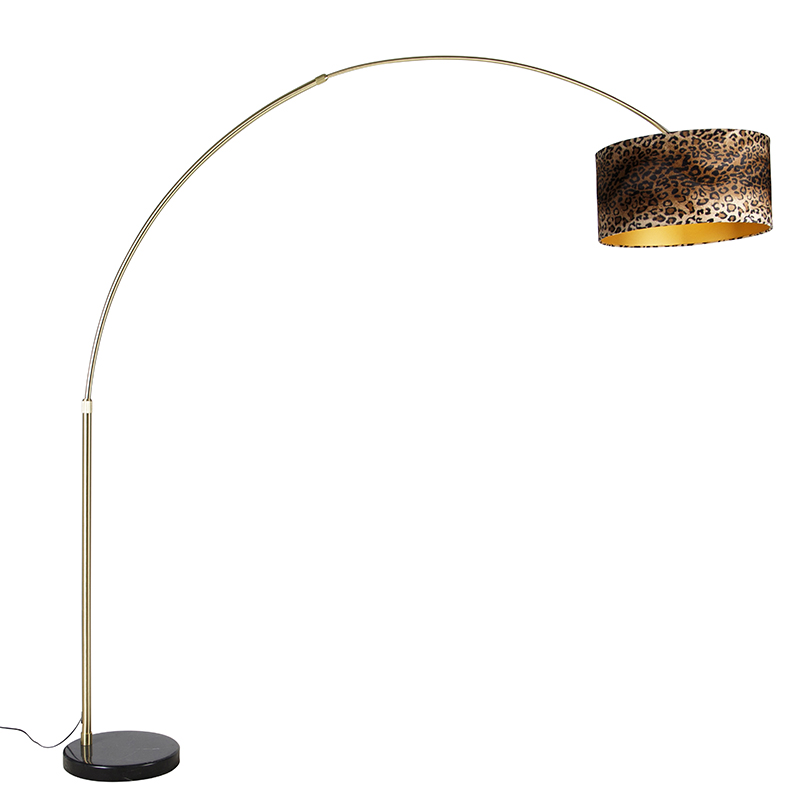 Moderná oblúková lampa mosadz čierna mramorová základňa tienidlo leopard 50 cm -XXL