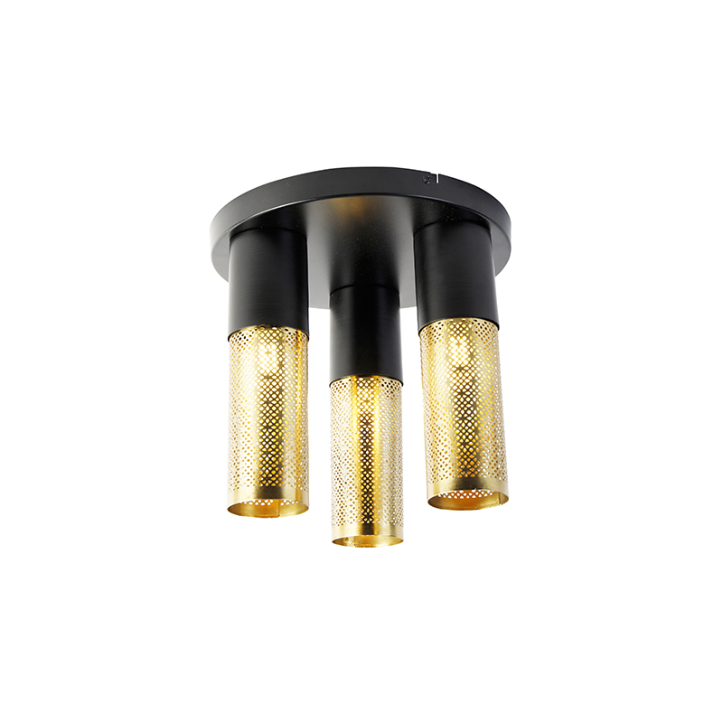E-shop Industriálne stropné svietidlo čierne so zlatými okrúhlymi 3 svetlami - Raspi