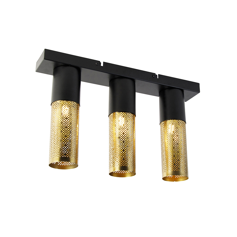 E-shop Industriálne stropné svietidlo čierne so zlatým podlhovastým 3-svetlom - Raspi