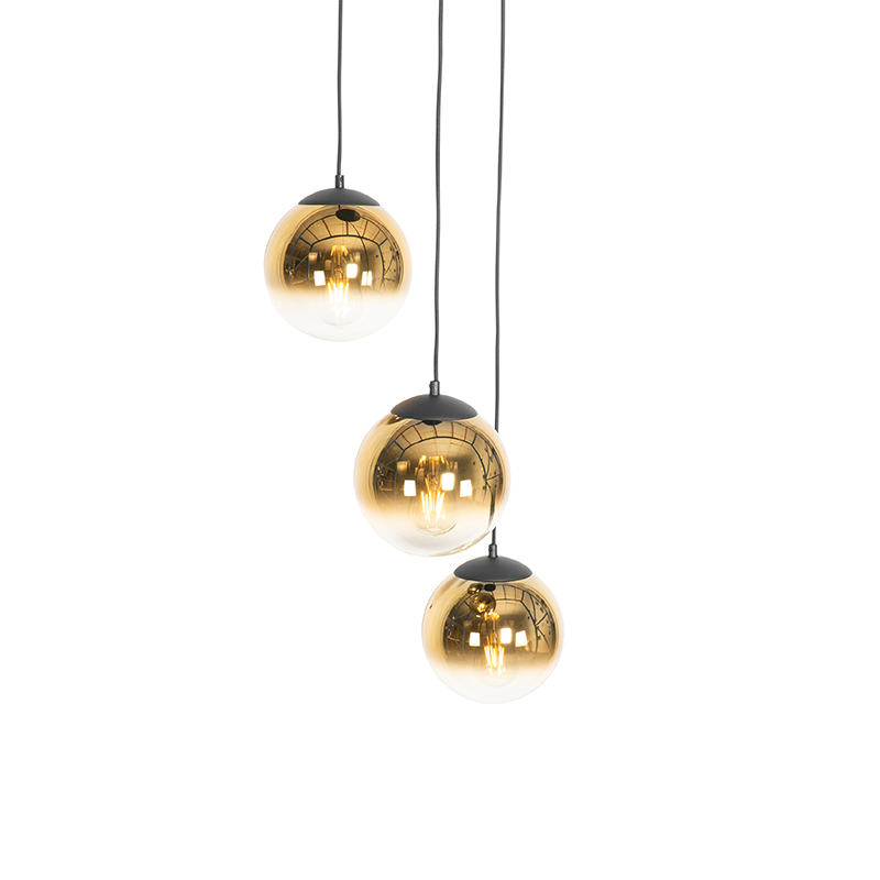 Lampada a sospensione Art Déco nera con vetro dorato rotondo 3 luci - Pallon