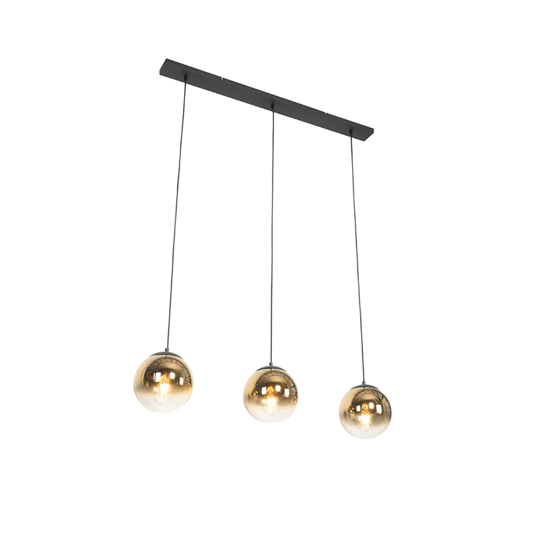 E-shop Art Deco závesná lampa čierna so zlatým podlhovastým 3-svetlom - Pallon