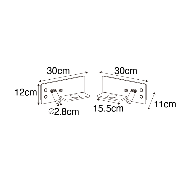 Set di 2 lampade da parete nere con LED, USB e caricabatterie a induzione - Riza