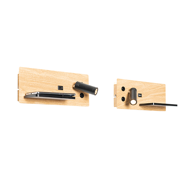 Set di 2 applique nere con legno incl. LED con USB e caricatore a induzione - Riza