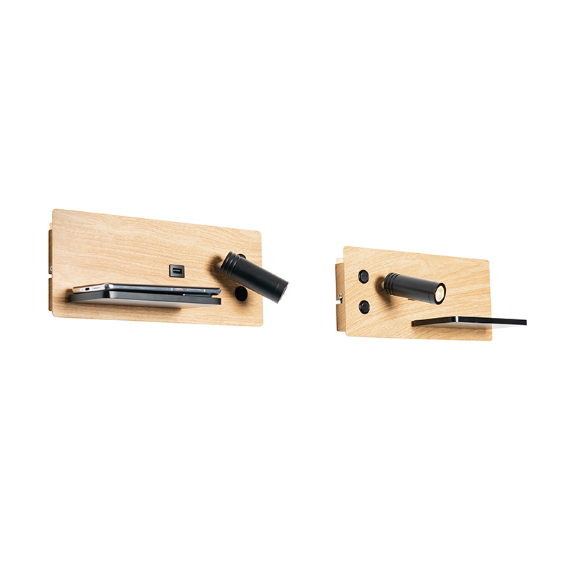 Set di 2 applique nere con legno incl. LED con USB e caricatore a induzione - Riza