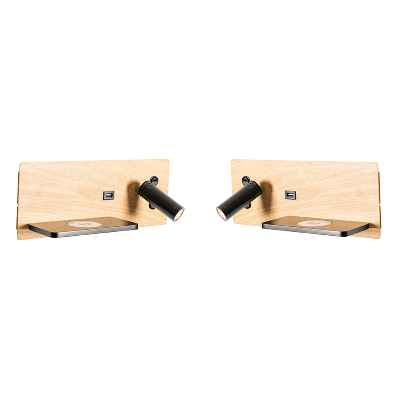 Set di 2 applique nere con legno incl. LED con USB e caricatore a induzione - Riza