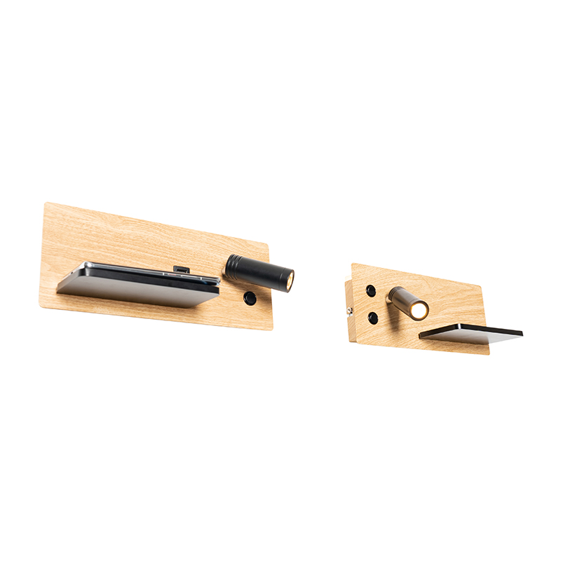 Set di 2 applique nere con legno incl. LED con USB e caricatore a induzione - Riza