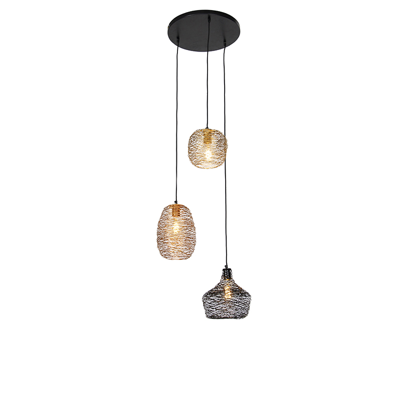 Hanglamp zwart goud en koper rond 3-lichts - Sarella