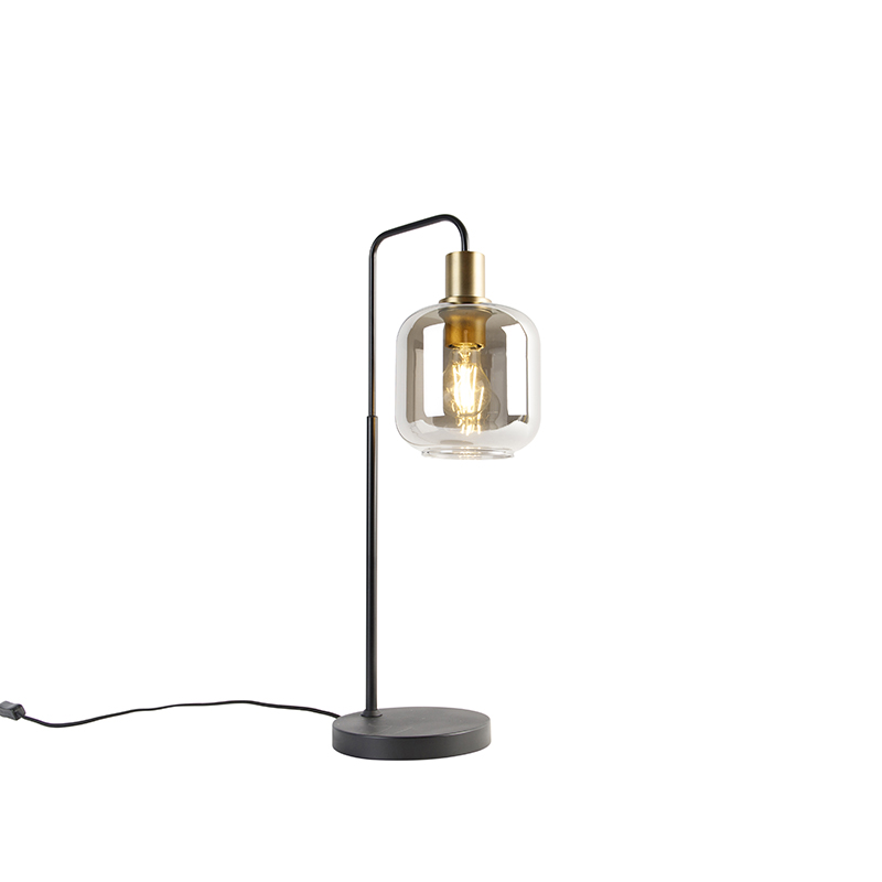 Levně Designová stolní lampa černá se zlatem a kouřovým sklem - Zuzanna