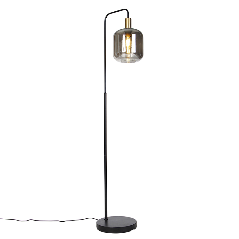 E-shop Dizajnová stojaca lampa čierna so zlatom a dymovým sklom - Zuzanna
