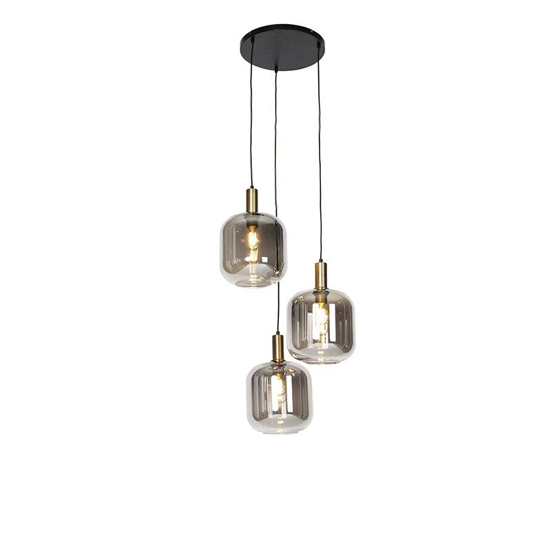 Design hanging lamp black with gold with smoke glass 3-light - Zuzanna