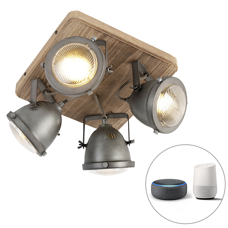 Inteligentné stropné svietidlo oceľ s drevom vrátane 4 WiFi GU10 - Emado