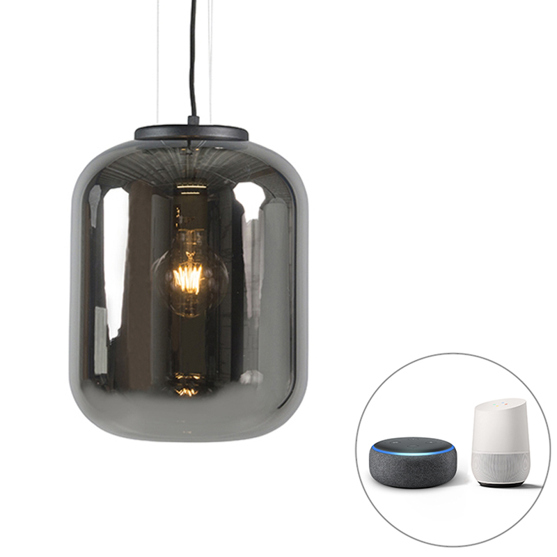 Lampă suspendată inteligentă, neagră, cu sticlă fumurie, inclusiv WiFi A60 - Bliss