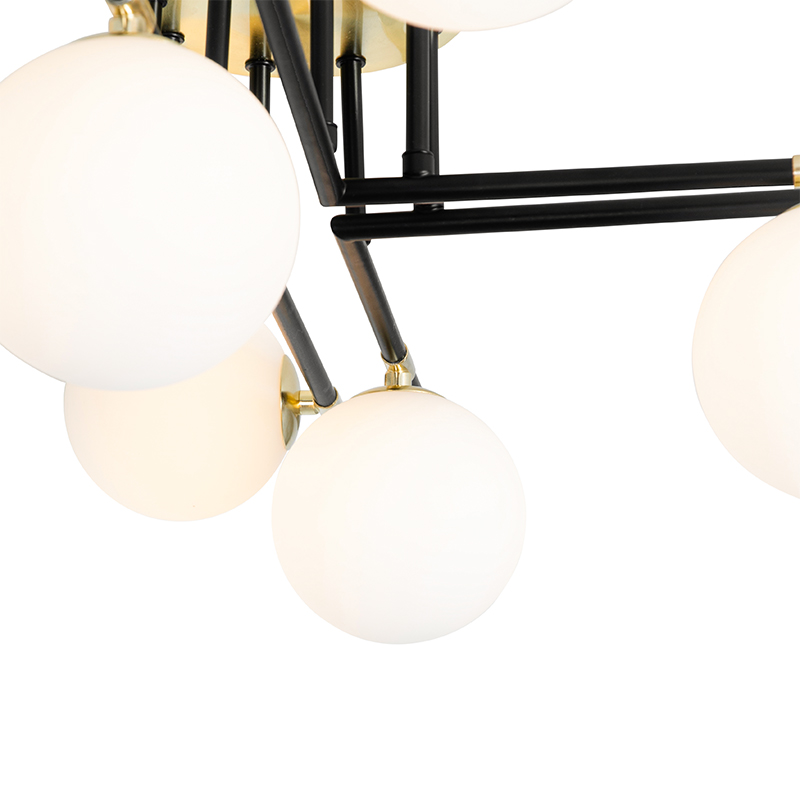 plafonnier noir avec or et verre opale 8 lumières - lynn