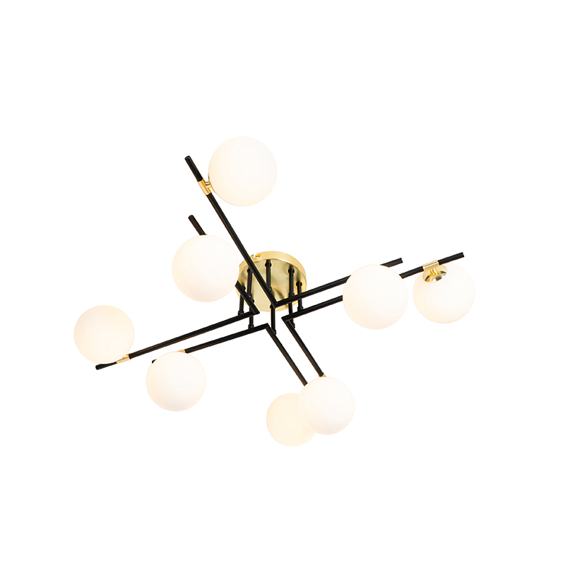 plafonnier noir avec or et verre opale 8 lumières - lynn