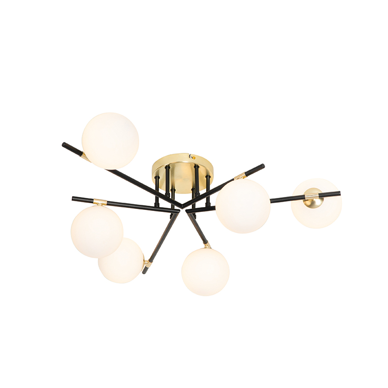Ceiling lamp black with gold and opal glass 6 lights - Lynn