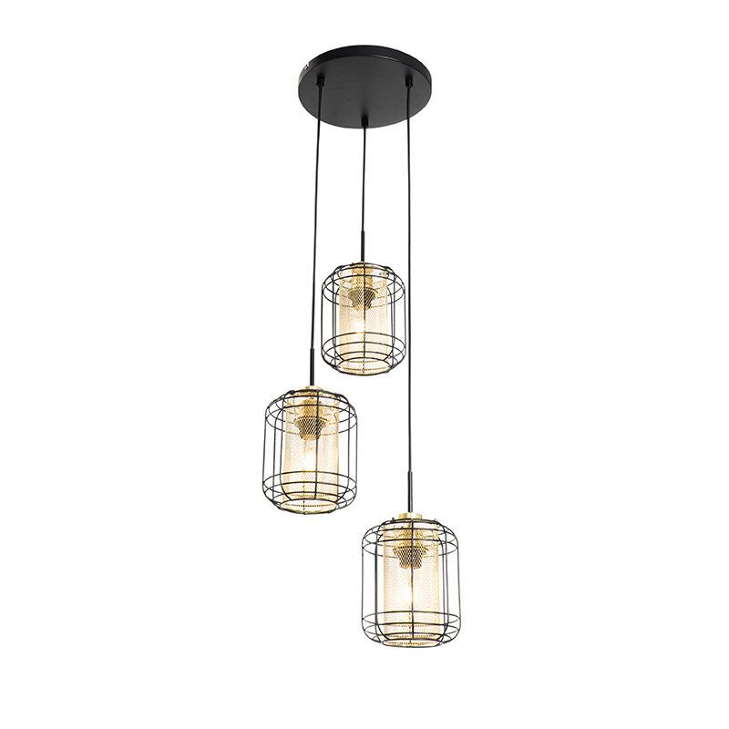 Designerska lampa wisząca czarna ze złotą okrągłą 3-lampką - Gaze