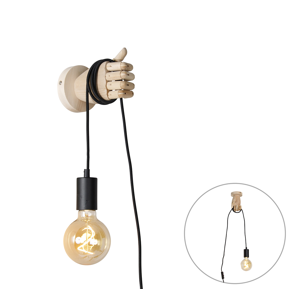 Vidiecke nástenné svietidlo drevené s čiernou - Ručné