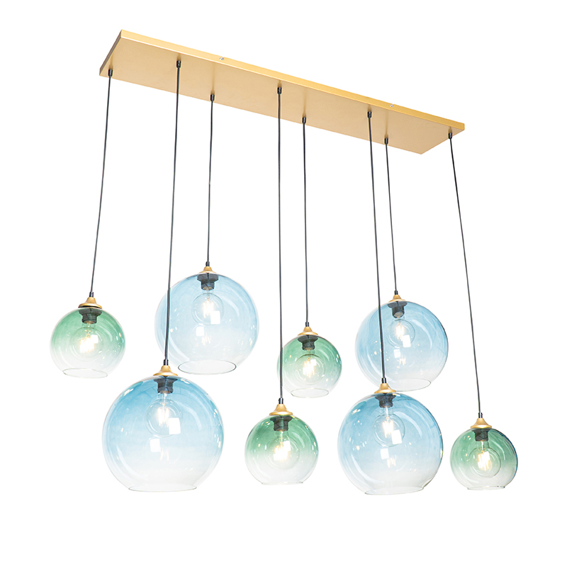 Hanglamp messing met blauw en groen glas 8-lichts - Pallon