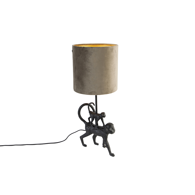 QAZQA Vintage tafellamp zwart met stoffen kap taupe - Animal Aap Unge