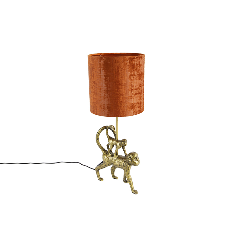 QAZQA Vintage tafellamp goud met stoffen kap rood - Animal Aap Unge