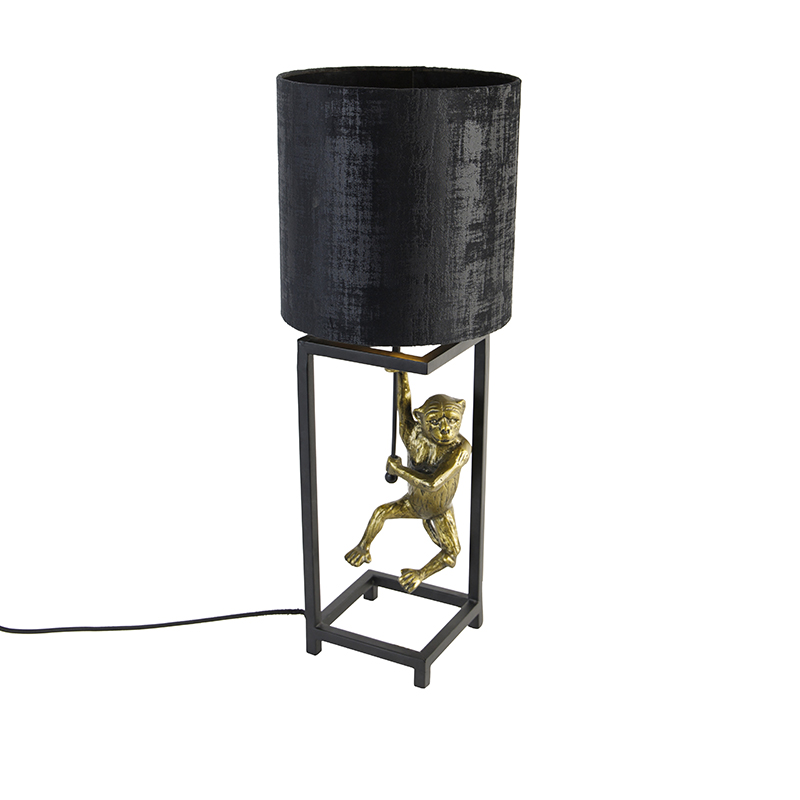 QAZQA Tafellamp zwart stoffen kap zwart 25 cm - Animal Cage Abe