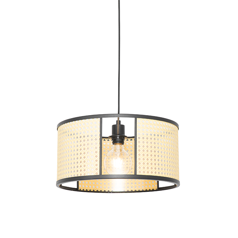 Retro závesná lampa čierna s ratanom 40 cm - Akira