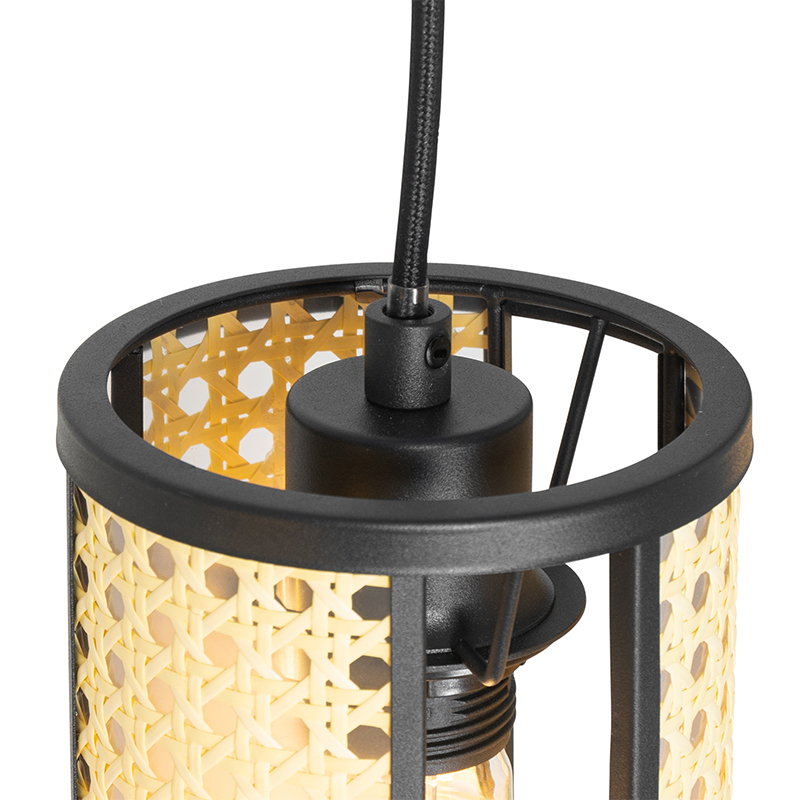 Lampada a sospensione orientale nera con rattan 3 luci oblunga - Akira