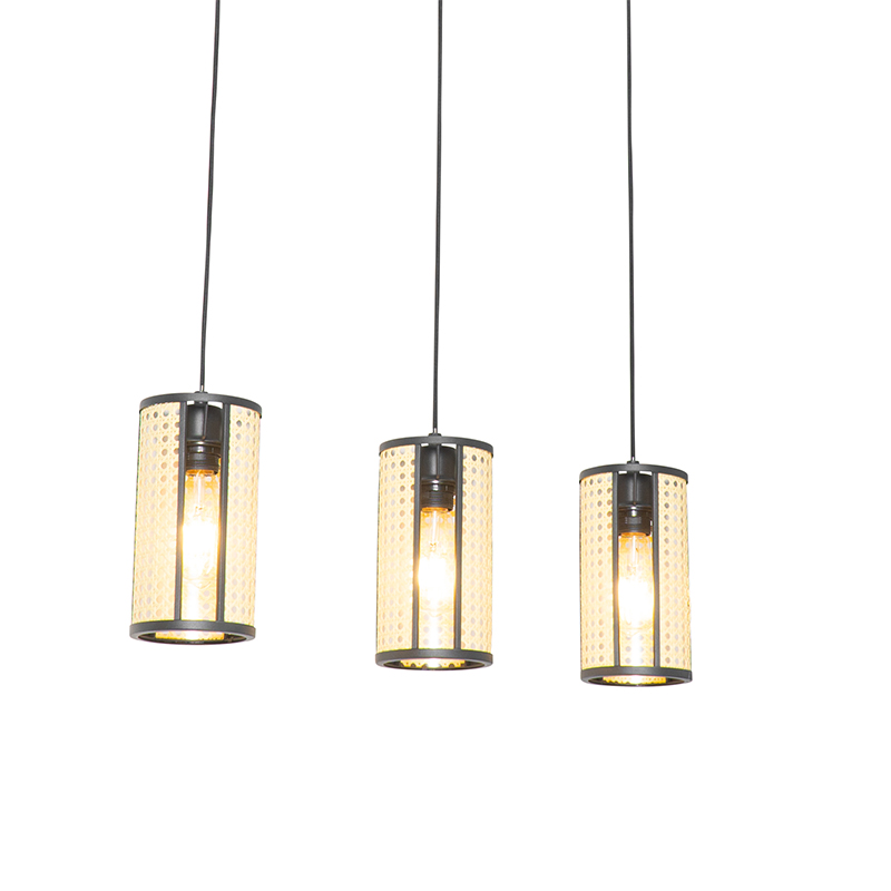 Lampada a sospensione orientale nera con rattan 3 luci oblunga - Akira