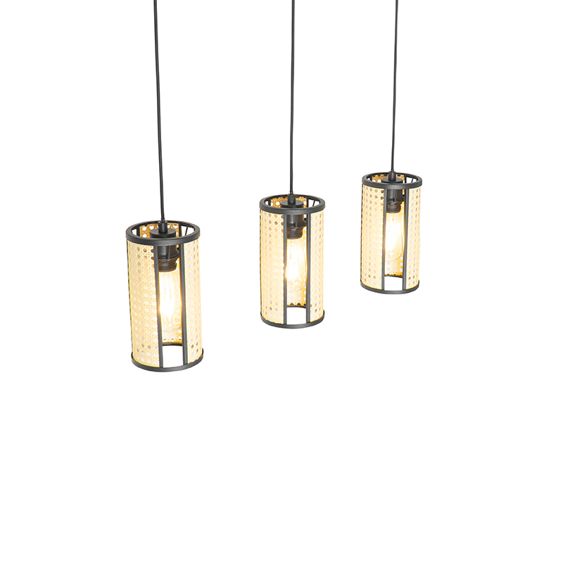 Suspension orientale noire avec rotin 3 lumières oblongue - Akira