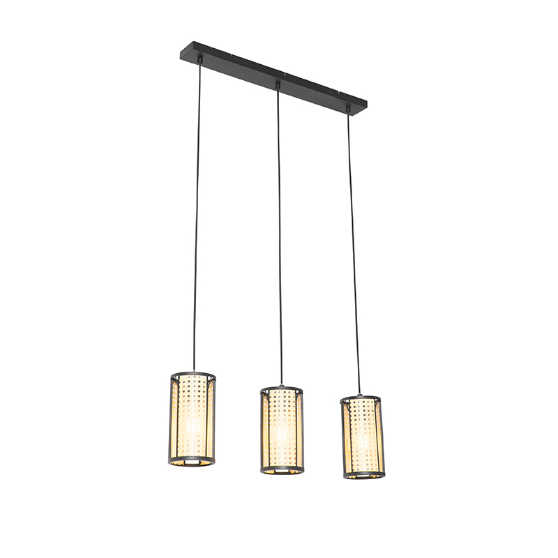 Suspension orientale noire avec rotin 3 lumières oblongue - Akira