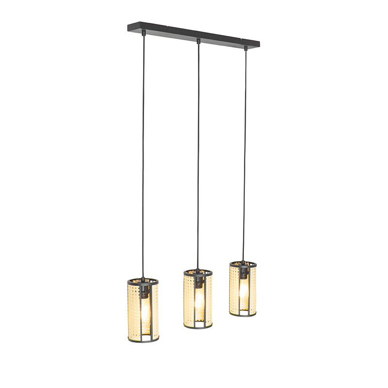 Suspension orientale noire avec rotin 3 lumières oblongue - Akira